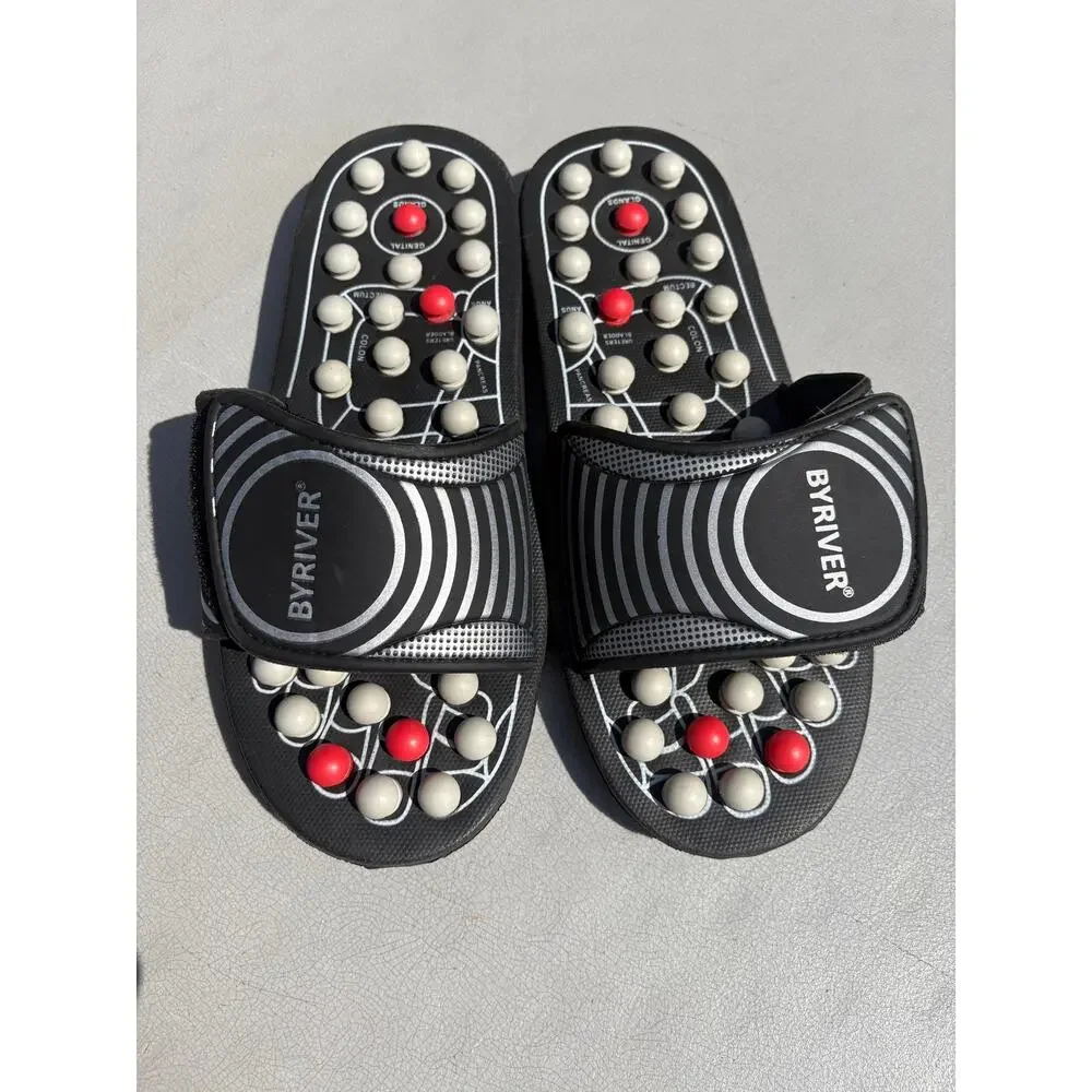 BYRIVER Acupressure Foot Massage Slippers Size Large. Black Sandals Reflexology